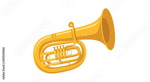 Shiny golden tuba illustration, a large brass wind instrument with four piston valves and coiled tubing.