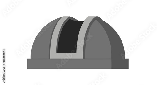 Simple gray astronomical observatory dome with an open viewing aperture for a telescope.