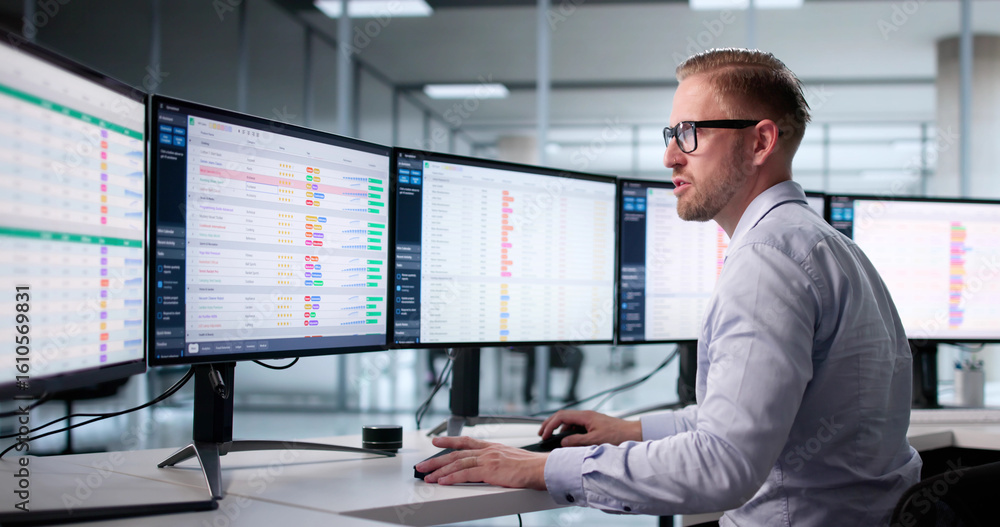 Fototapeta premium Professional Auditor Analyzing Medical Invoices On Computer Monitors