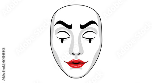 Stylized white mime mask with closed eyes, black teardrops, and contrasting red lips.