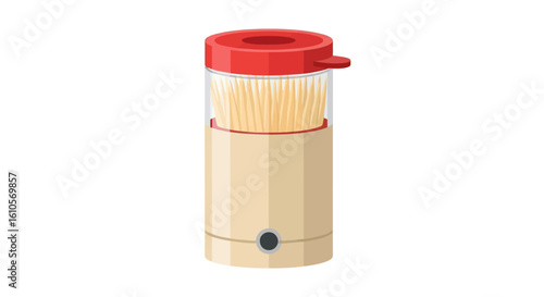 Vector illustration of a beige automatic toothpick dispenser with a red plastic lid and visible wooden toothpicks.