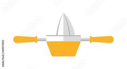 Yellow and grey manual citrus juicer with two handles and a pointed reamer, flat vector style.