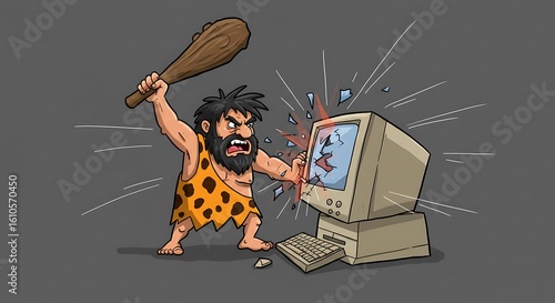 An angry cartoon caveman computer user experiencing extreme technostress, smashing an old desktop monitor with a large wooden club.
