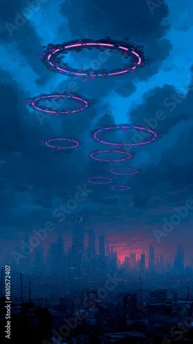 Pixel art depicting glowing purple rings in a twilight sky above a futuristic city. Dark blue hues dominate the scene, with a hint of orange from the setting sun. 