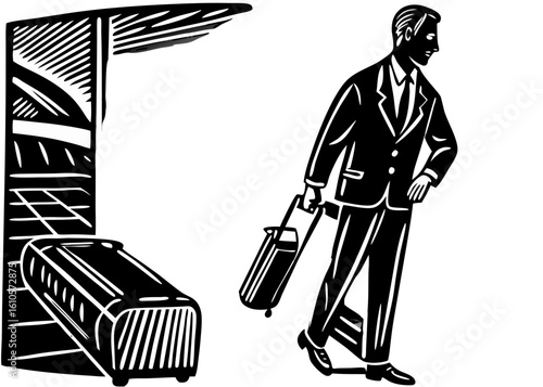 Woodcut Style Man Traveling with Luggage at Airport
