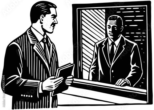 Woodcut Style Man at Counter Handing Document to Another Man