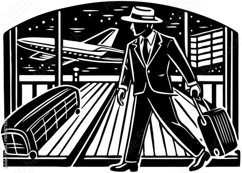 Woodcut Style Man Traveling with Luggage at Airport
