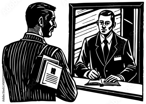 Woodcut Style Man at Counter Handing Document to Another Man