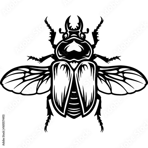 Woodcut style beetle illustration vector isolated on white. Detailed black and white insect graphic design element. Scarab bug.