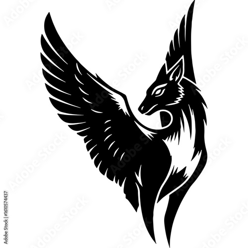 Stylized black and white illustration of a majestic winged deer, a mythical forest creature emblem design, graceful animal art.