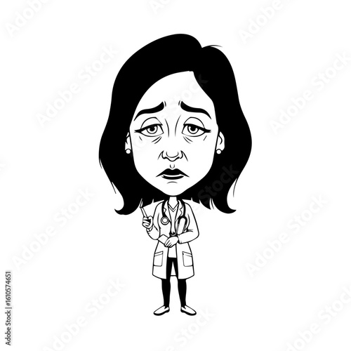 A cartoon doctor stands with a syringe, looking concerned and perhaps weary.
