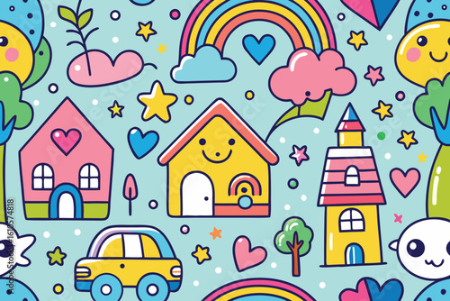 Kawaii Pattern Background with Houses, Cars, Rainbows, Stars, and Cute Characters