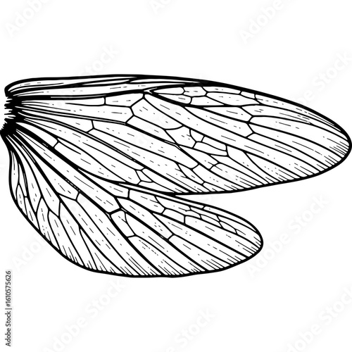 Detailed woodcut style illustration of delicate insect wings. Intricate black and white nature drawing, perfect for entomology and design.