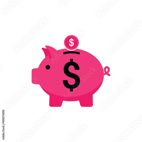 Pink piggy bank with dollar coin. Financial savings, investment, and money growth concept. Budget and economy symbol.