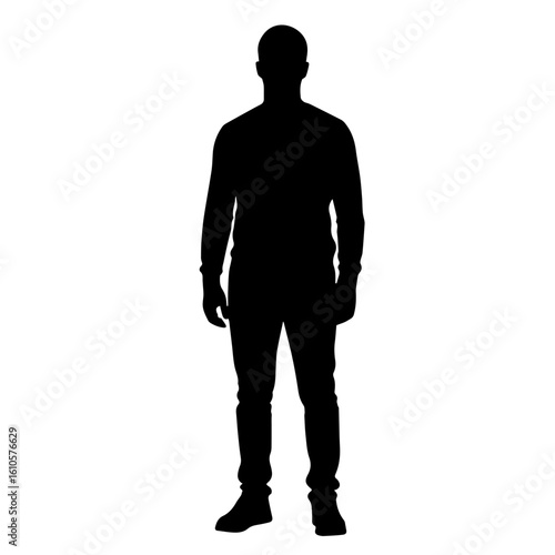 A full-body silhouette of a man standing upright, facing forward, on white background.