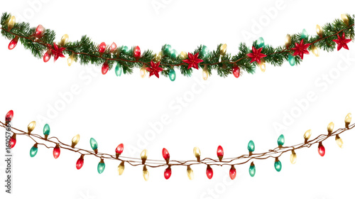 Christmas garland and lights isolated on transparent background