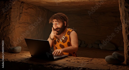 A thoughtful prehistoric man inside his stone age cave discovers modern technology, working on a caveman computer with a pensive look.