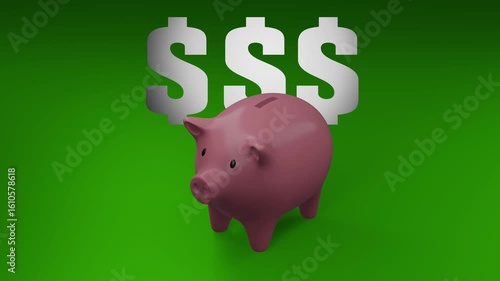 3d piggy Bank with Dollar signs against Green background economic icon