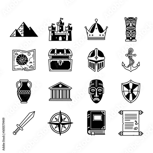 History and artefact Flat Icon Set Illustration Vector 