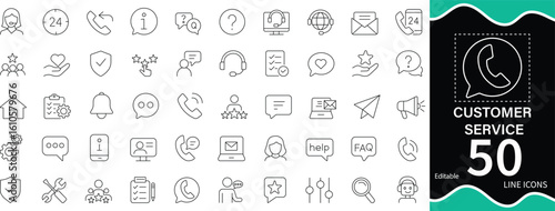 Line style icon set for customer support, live chat, help desk, FAQ, phone call, and communication. Ideal for web, apps, and business service platforms.