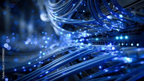 A network switch with glowing blue data cables in an internet server room