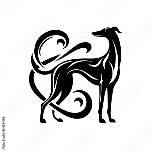 Elegant black greyhound silhouette with swirling decorative lines