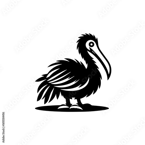 A stylized black silhouette of a pelican bird