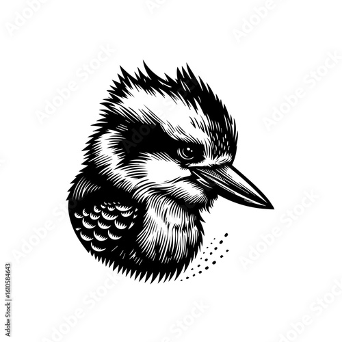 A detailed ink sketch of a kookaburras head