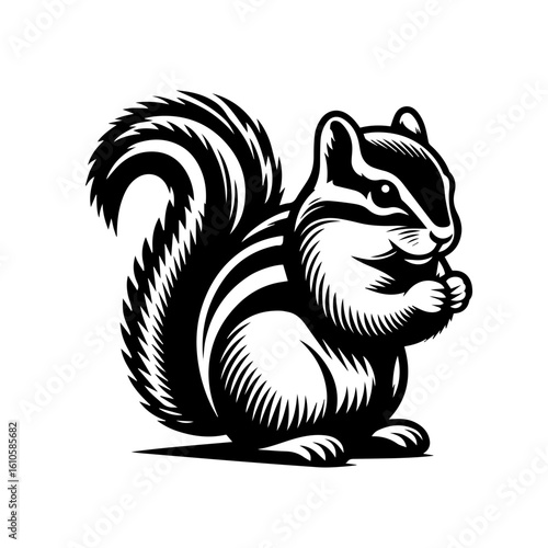 A cute chipmunk with a bushy tail eating a nut