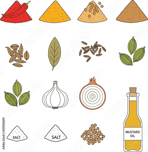 Minimal vector icon set of culinary spices, herbs, and cooking ingredients for design