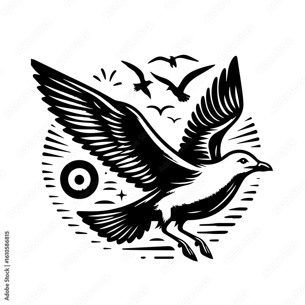 Obraz premium A seagull soars with outstretched wings against a stylized sun