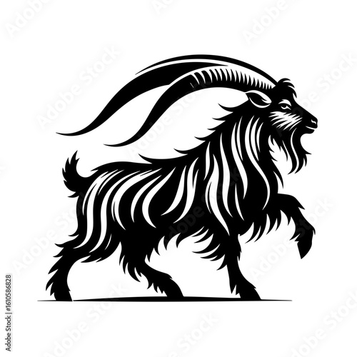 A striking black silhouette of a goat with large curved horns