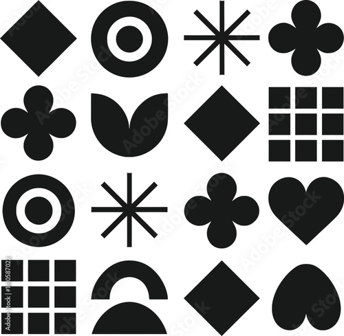 Copilot vector collection of minimalist geometric shapes and abstract black symbols on white.