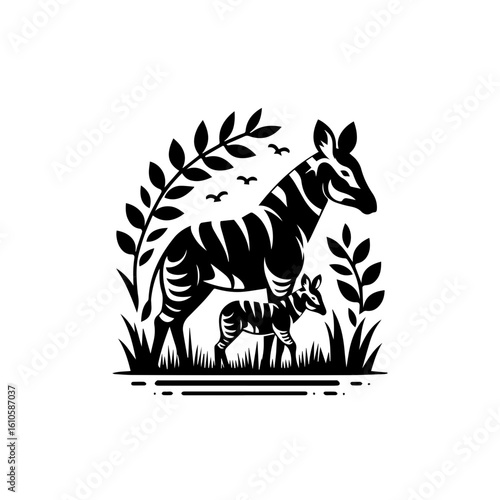 A mother zebra and her foal stand amidst foliage