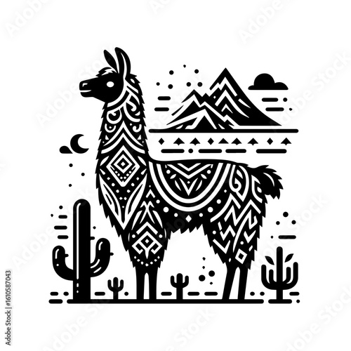 A stylized llama stands in a desert landscape with mountains