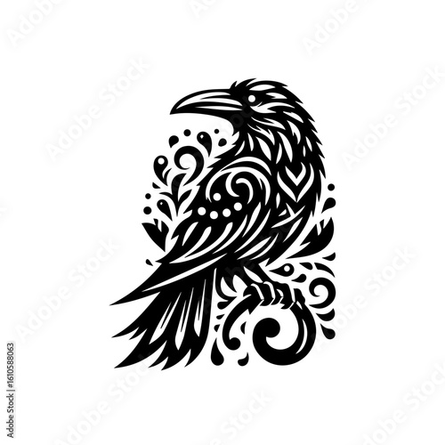 An ornate raven with tribal patterns sits perched