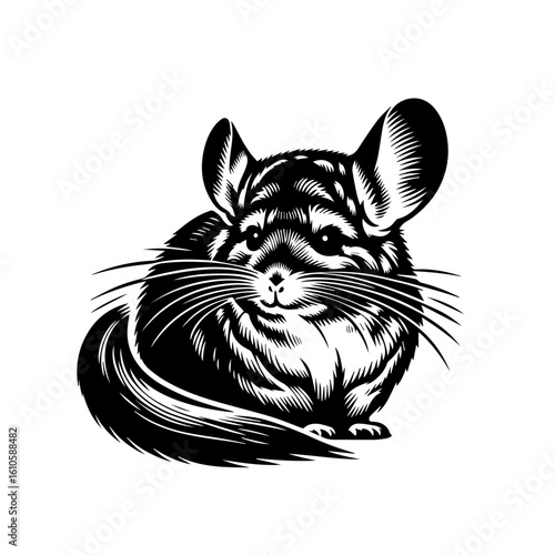A detailed black and white illustration of a chinchilla