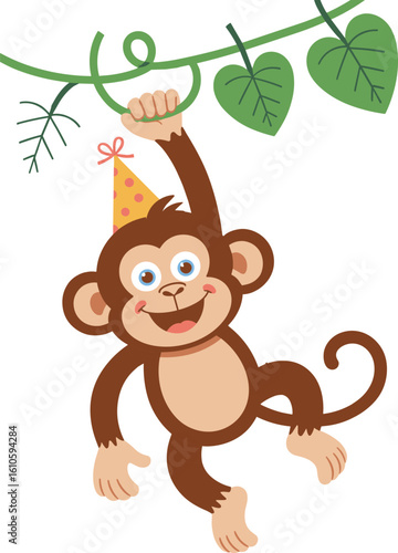 Wallpaper Mural Cute cartoon monkey hanging from vine, birthday hat, jungle animal vector, smiling character illustration, playful baby monkey, flat vector art Torontodigital.ca