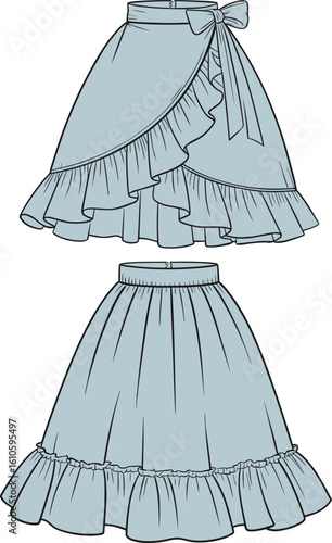 Fashion flat sketch of ruffle wrap skirt and layered flared skirt, CAD drawing, feminine design, technical garment vector illustration