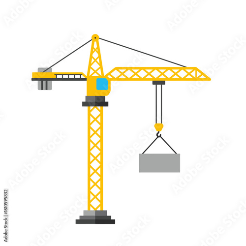 Isolated vector illustration of a yellow construction crane lifting a gray concrete block, showcasing industrial equipment on a clean white backdrop.