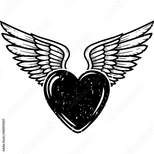 Rustic woodcut style heart with feathered wings. Vintage distressed black and white graphic illustration symbolizing love, freedom, or passion.