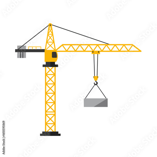 A vibrant illustration of a yellow construction crane lifting a concrete block, perfect for depicting building, development, and infrastructure projects against a clean white background.