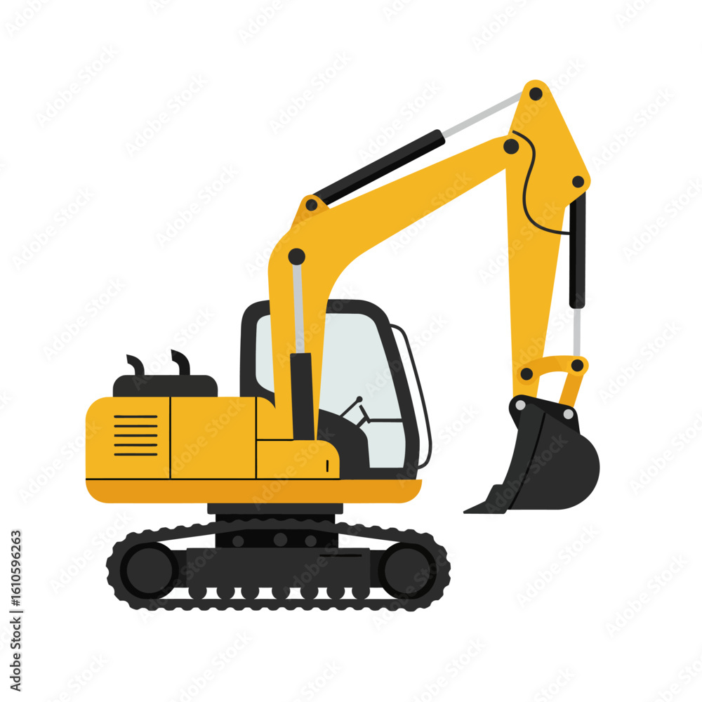 A vibrant yellow heavy-duty excavator, a powerful construction vehicle often called a digger, presented as a clean flat design vector illustration, isolated. A vibrant yellow heavy-duty excavator, a powerful construction vehicle often called a digger, presented as a clean flat design vector illustration, isolated.