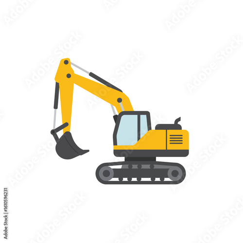 A vibrant yellow excavator, depicted in a flat, minimalist style, stands isolated against a clean white background, representing construction and engineering.