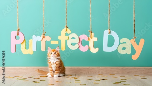 Adorable orange cat sits under a purr fect day banner with confetti
