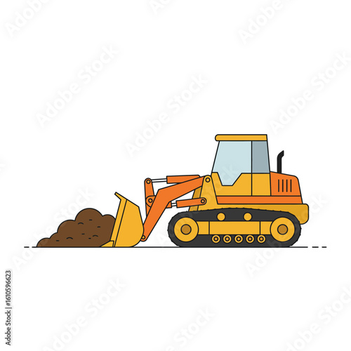 A yellow and orange bulldozer with a pile of dirt in its bucket is shown in a simple, line-art style, perfect for construction, engineering, or industrial design projects needing a clean and modern