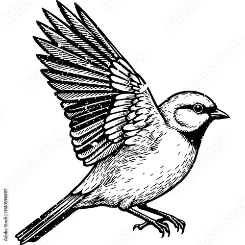 Rustic woodcut style illustration of a small songbird in flight, vintage engraving artwork of a flying bird, black and white design.