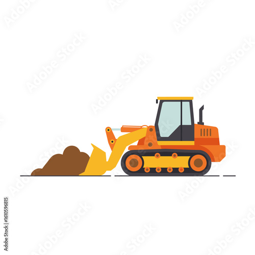 A vibrant orange bulldozer with a yellow bucket is shown moving earth on a construction site, illustrating heavy machinery and industrial work.