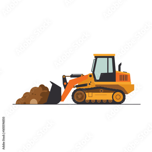 A vector illustration depicts a yellow and orange bulldozer with a scoop full of dirt, set against a clean white background, showcasing construction equipment.