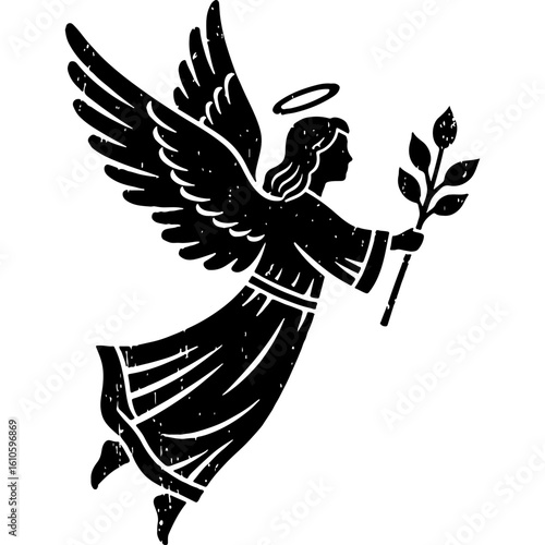 Rustic Woodcut Style Angel Silhouette with Halo & Wings, Holding Olive Branch. Symbol of Peace, Hope, & Spirituality.